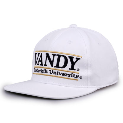 Vanderbilt Retro Bar snapback hat in white, angled view