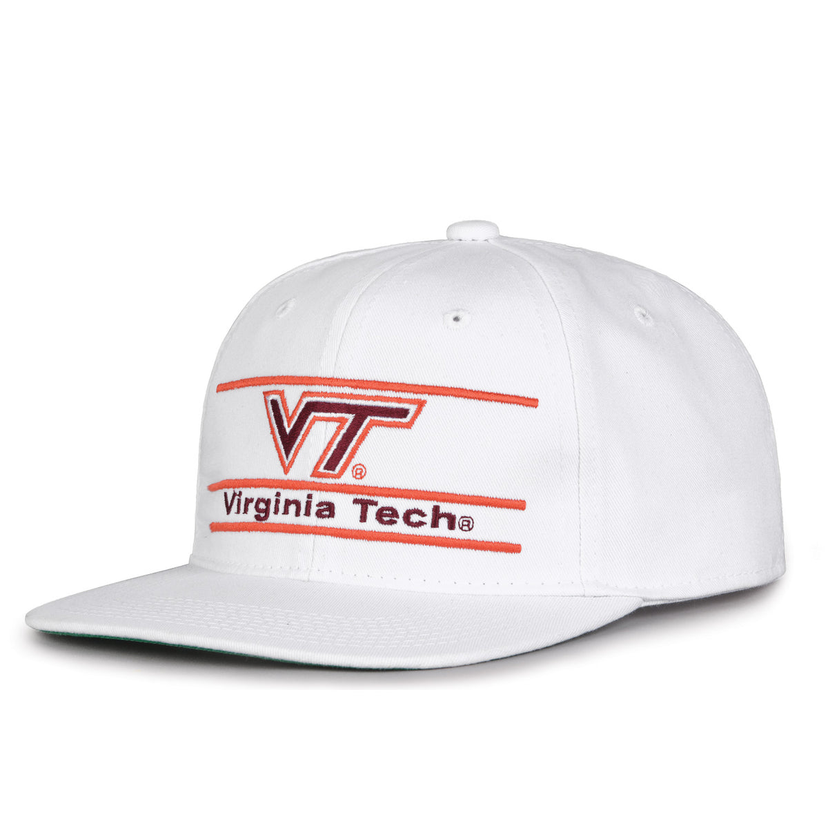 Virginia Tech Retro Bar snapback hat in white, angled view