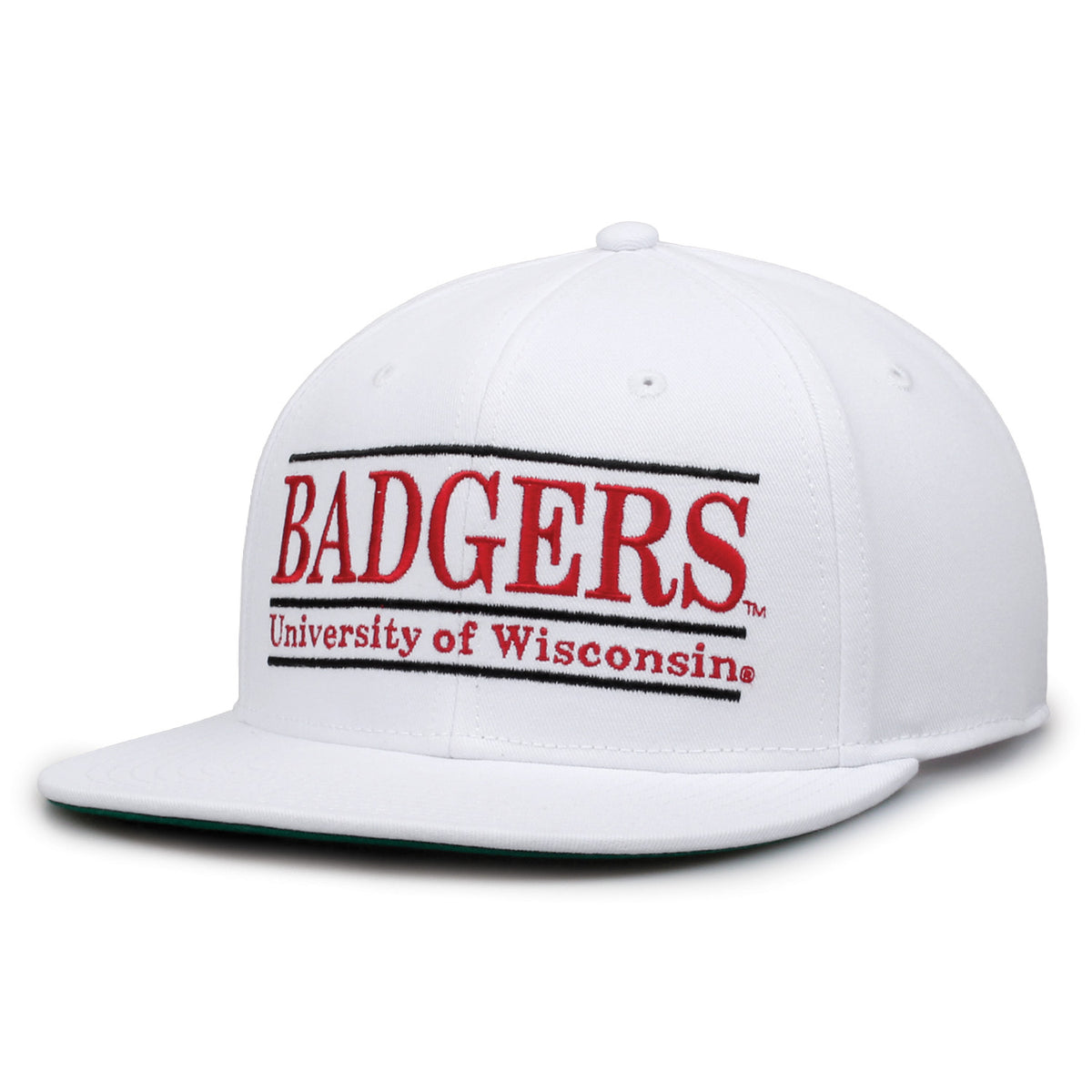 Wisconsin Badgers Retro Bar Snapback hat in white, angled front view showing the flat brim