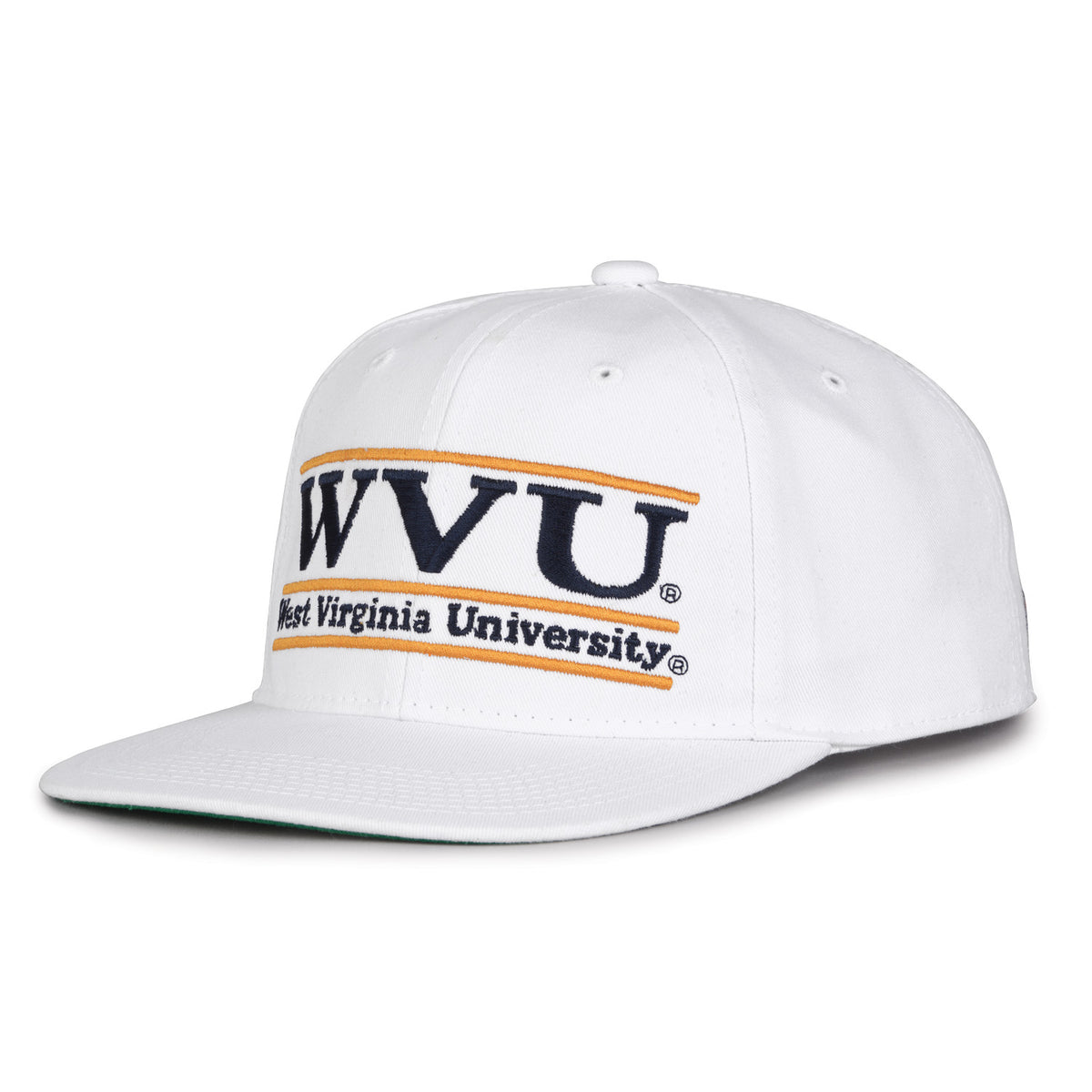 West Virginia Retro Bar snapback hat in white, angled view