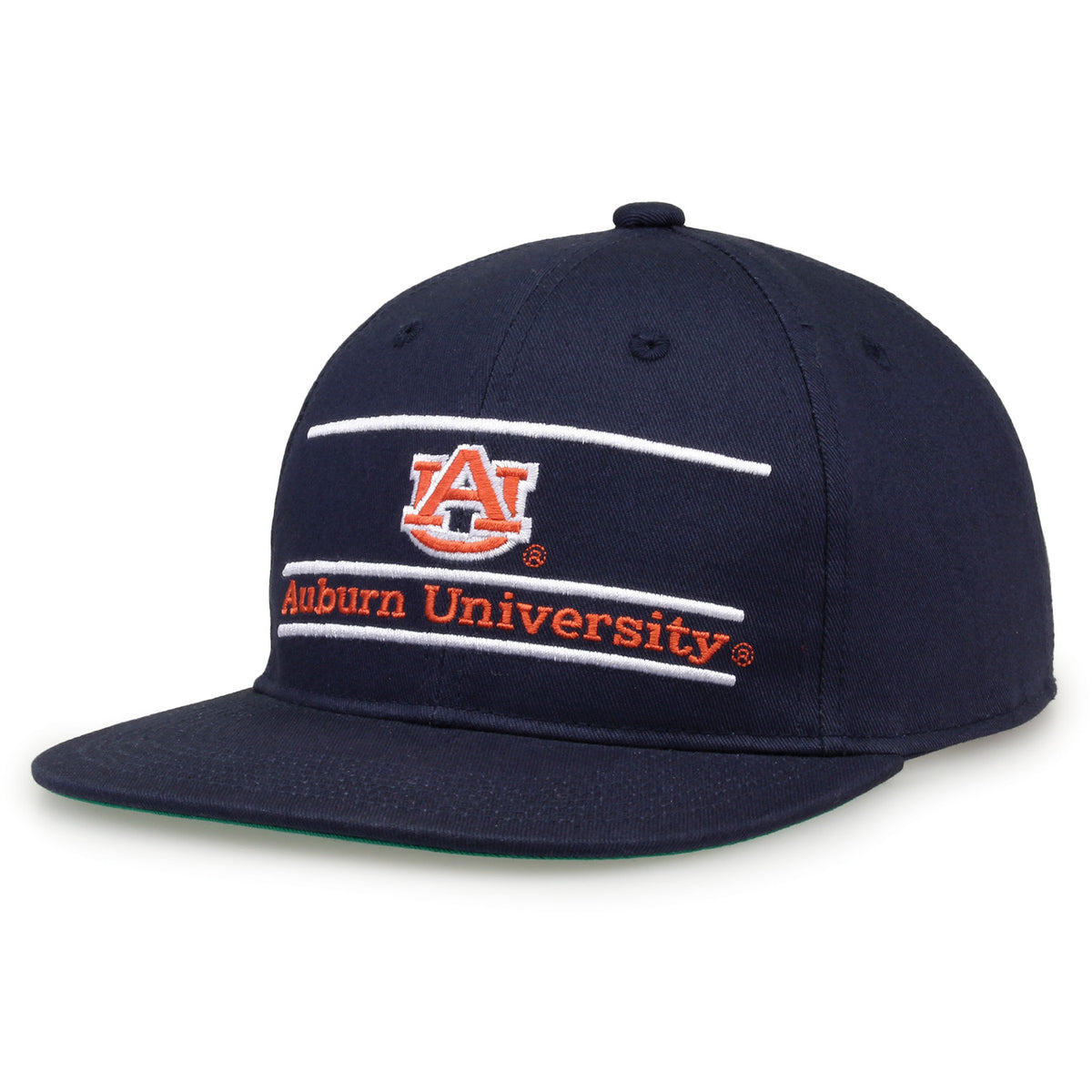 Auburn Retro Bar snapback hat in navy, angled view