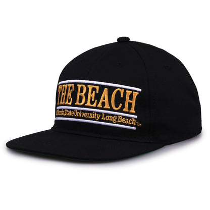 Long Beach Retro Bar snapback hat in black, angled view