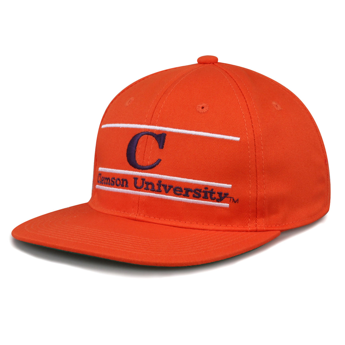 Clemson Retro Bar snapback hat in orange, angled view