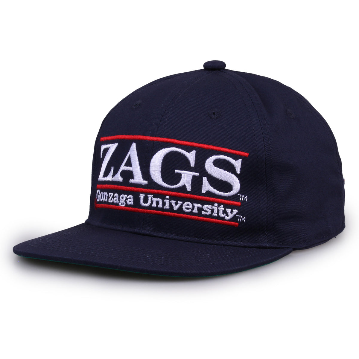 Gonzaga Retro Bar snapback hat in navy, angled view