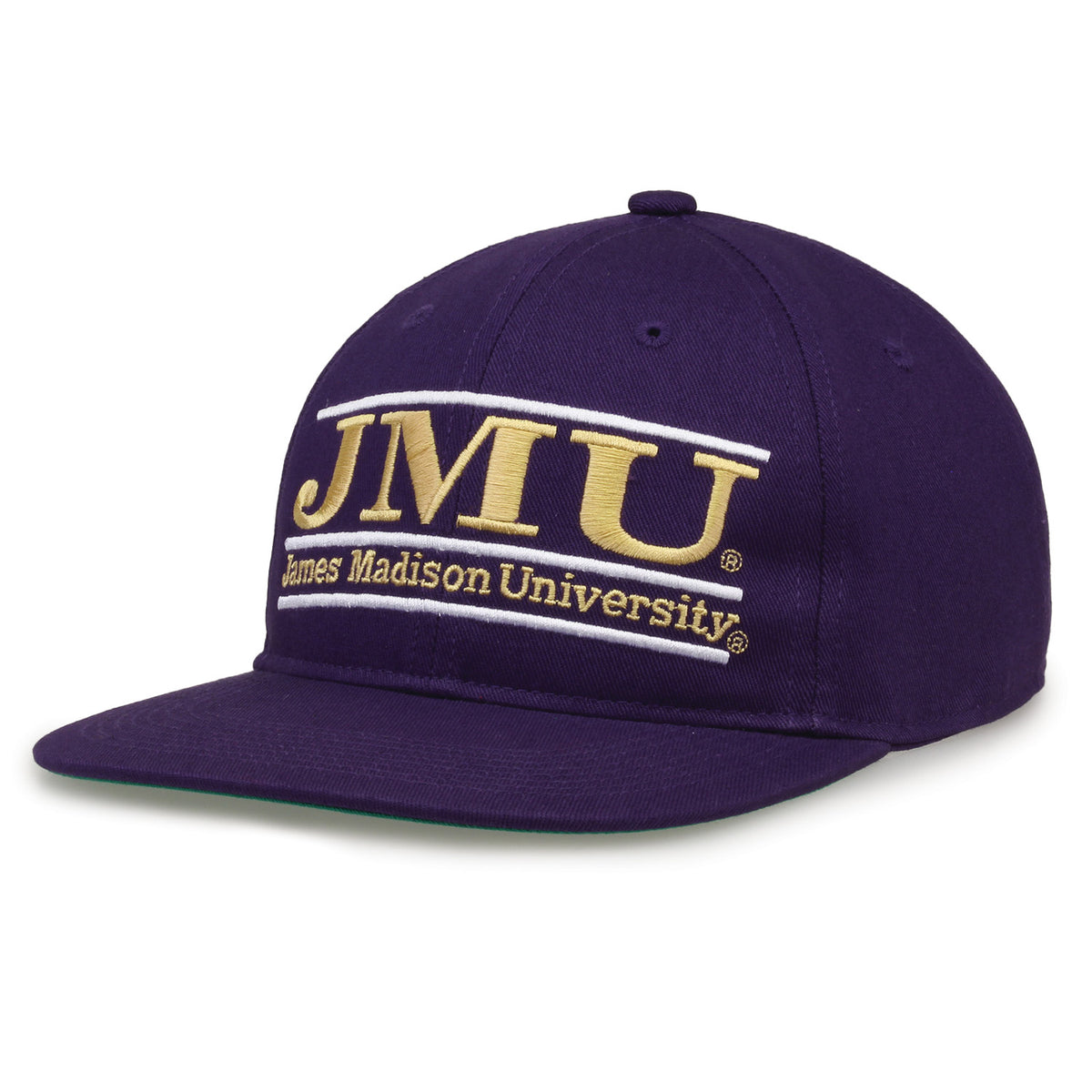 James Madison Retro Bar snapback hat in purple, angled view