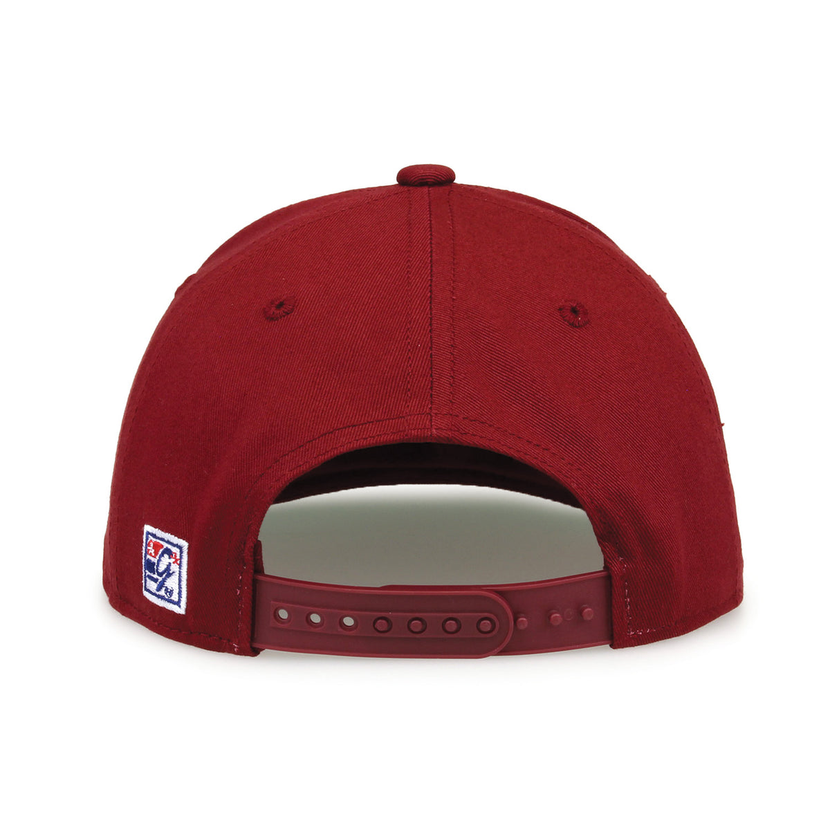Stanford Retro Bar snapback hat in cardinal red, straight rear view showing the adjustable snap closure