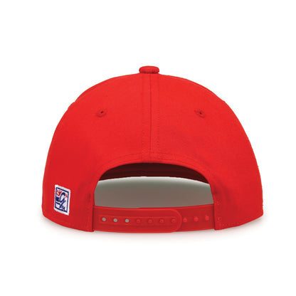 Maryland Retro Bar snapback hat in red, straight rear view showing the adjustable snap closure