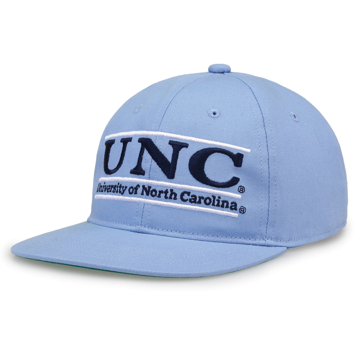 North Carolina Retro Bar snapback hat in light blue, angled view