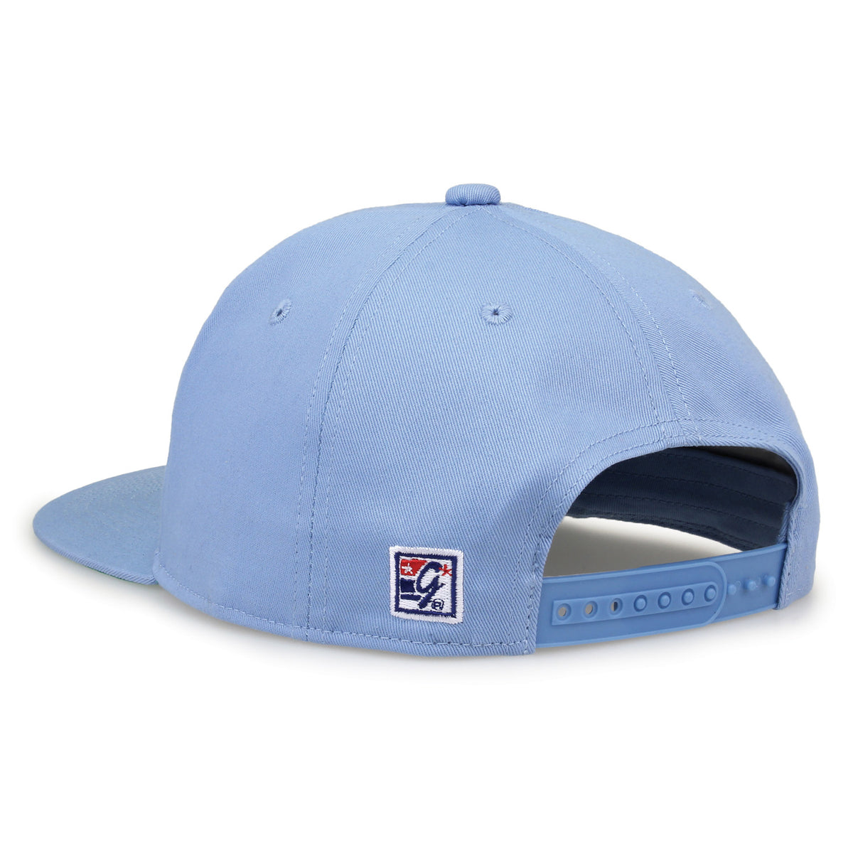 North Carolina Retro Bar snapback hat in light blue, rear view showing the adjustable snap closure