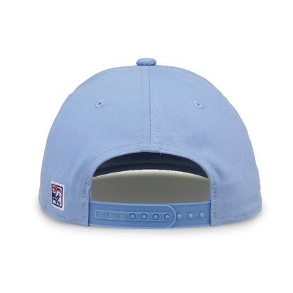 North Carolina Retro Bar snapback hat in light blue, straight rear view showing the adjustable snap closure