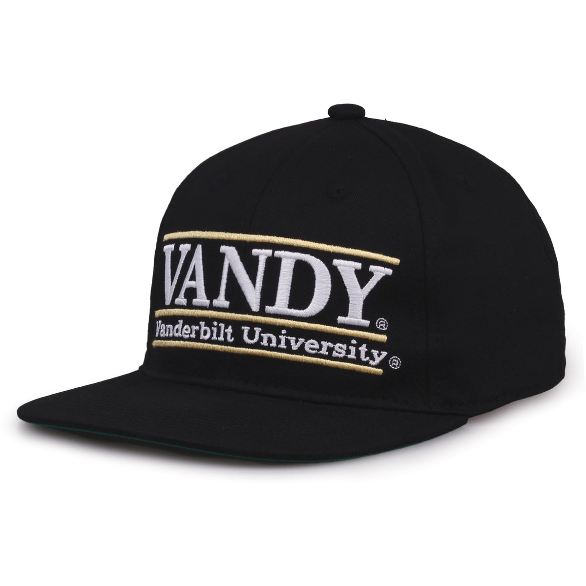 Vanderbilt Retro Bar snapback hat in black, angled view