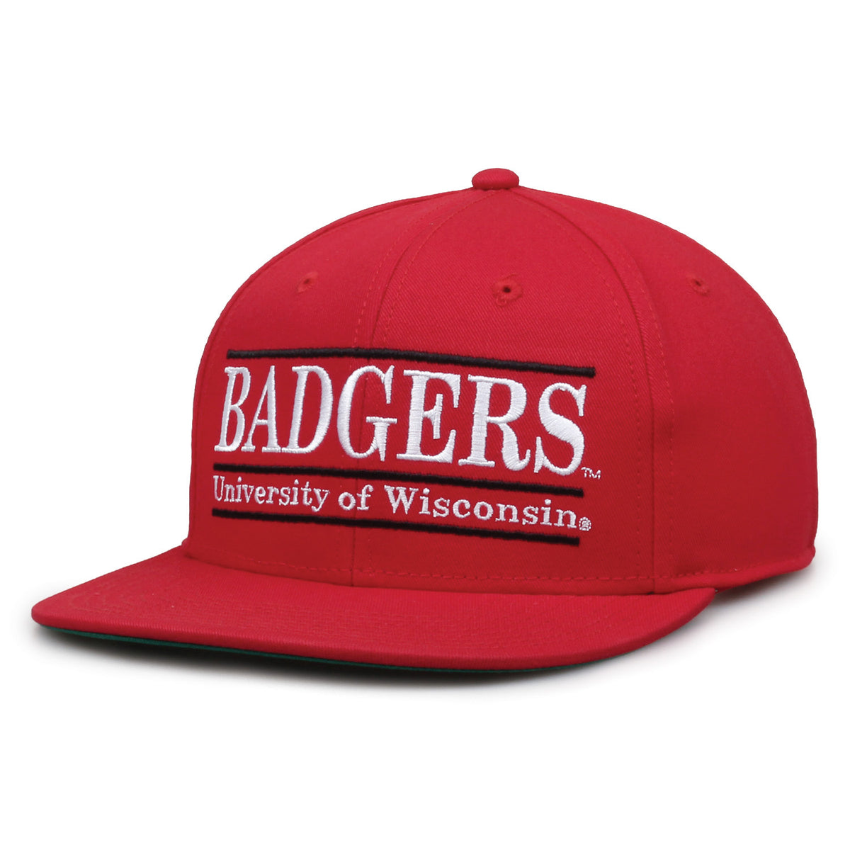 Wisconsin Badgers Retro Bar Snapback hat in red, angled front view showing the flat brim
