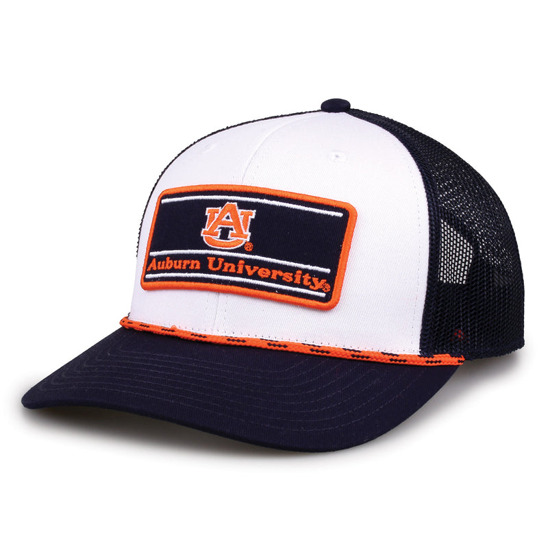 Auburn University Rope Trucker hat, angled front view with AU patch, orange rope and navy mesh panels