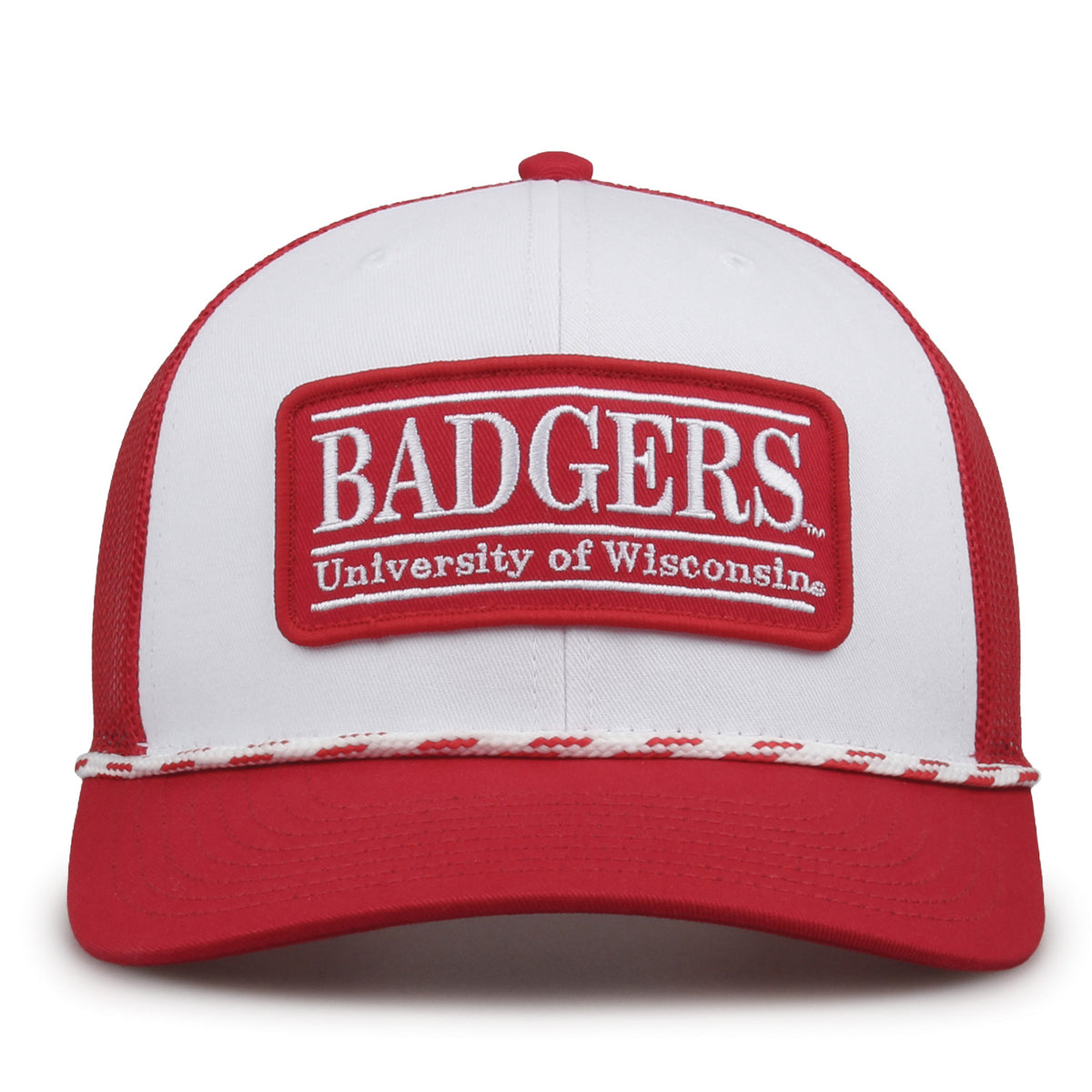 Wisconsin Badgers Rope Trucker hat in red and white with embroidered bar patch and rope accent, front view