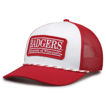 Wisconsin Badgers Rope Trucker hat, angled view showing the white front, red mesh panels and rope accent