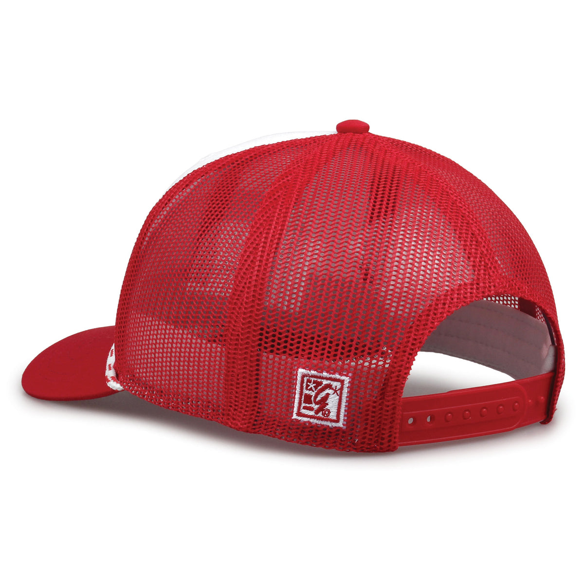 Wisconsin Badgers Rope Trucker hat, rear view showing red mesh panels and adjustable snapback closure