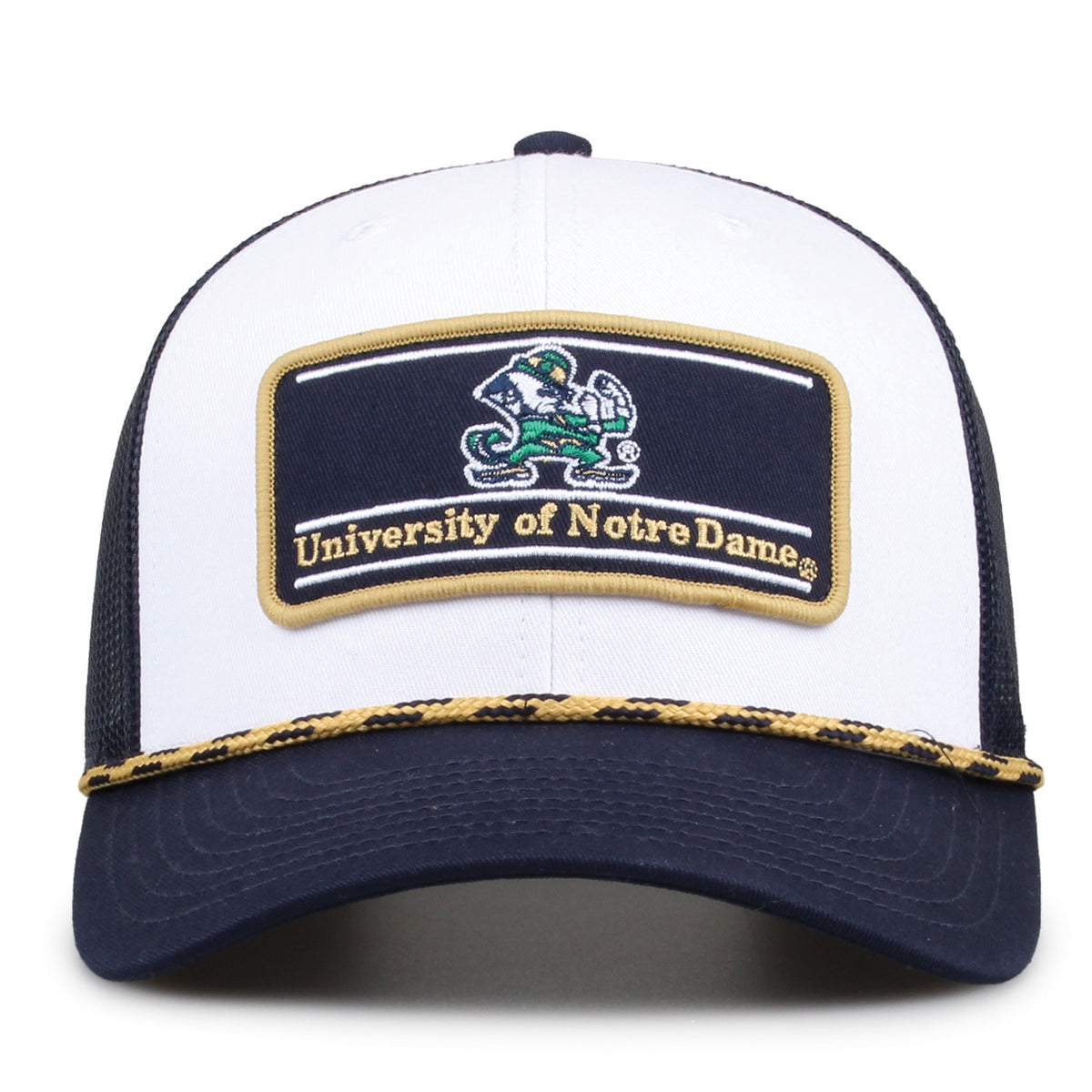 Notre Dame Fighting Irish Rope Trucker, white and navy, front view showing leprechaun patch and gold rope.