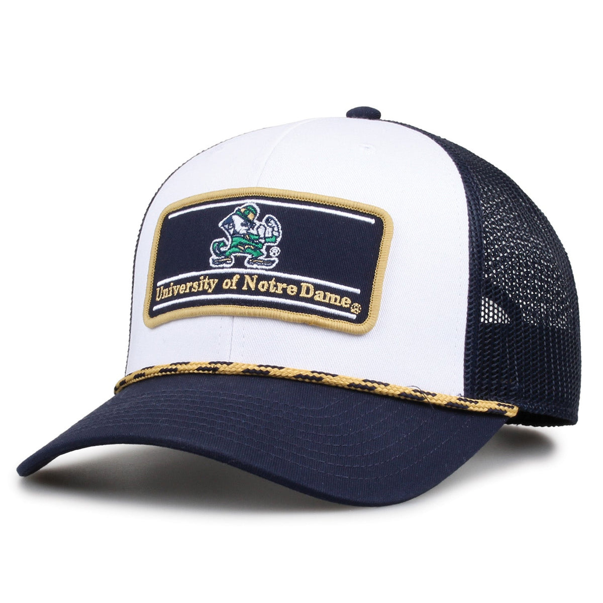 Notre Dame Fighting Irish Rope Trucker, white and navy, angled front view showing leprechaun patch and gold rope.