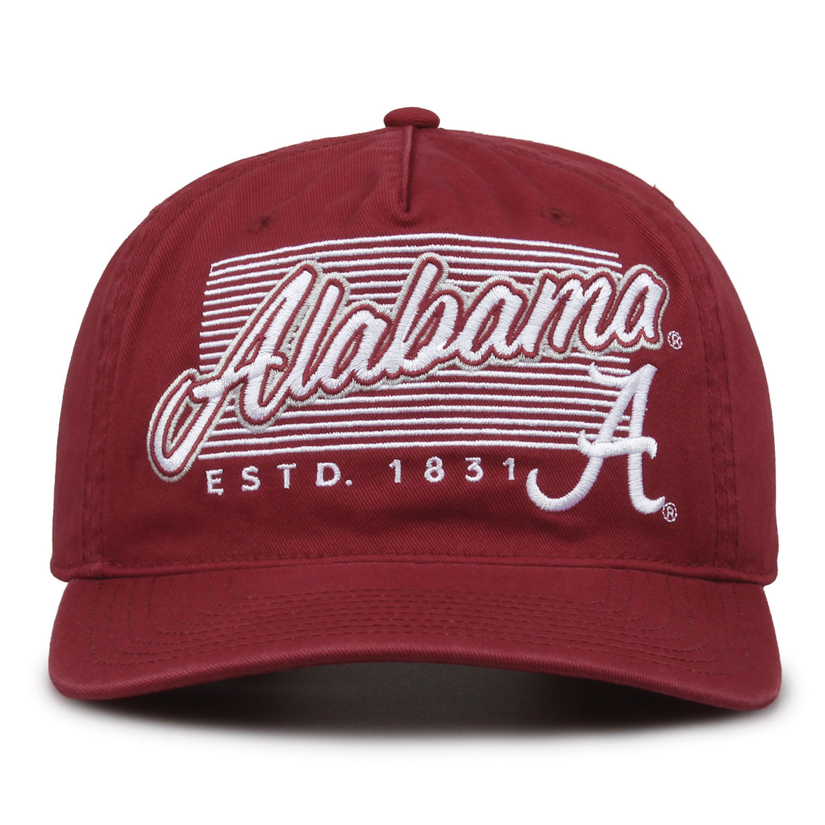 Alabama Crimson Tide Original Heritage Script Snapback in cardinal, front view showing embroidered school script