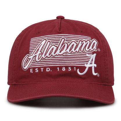Alabama Crimson Tide Original Heritage Script Snapback in cardinal, front view showing embroidered school script