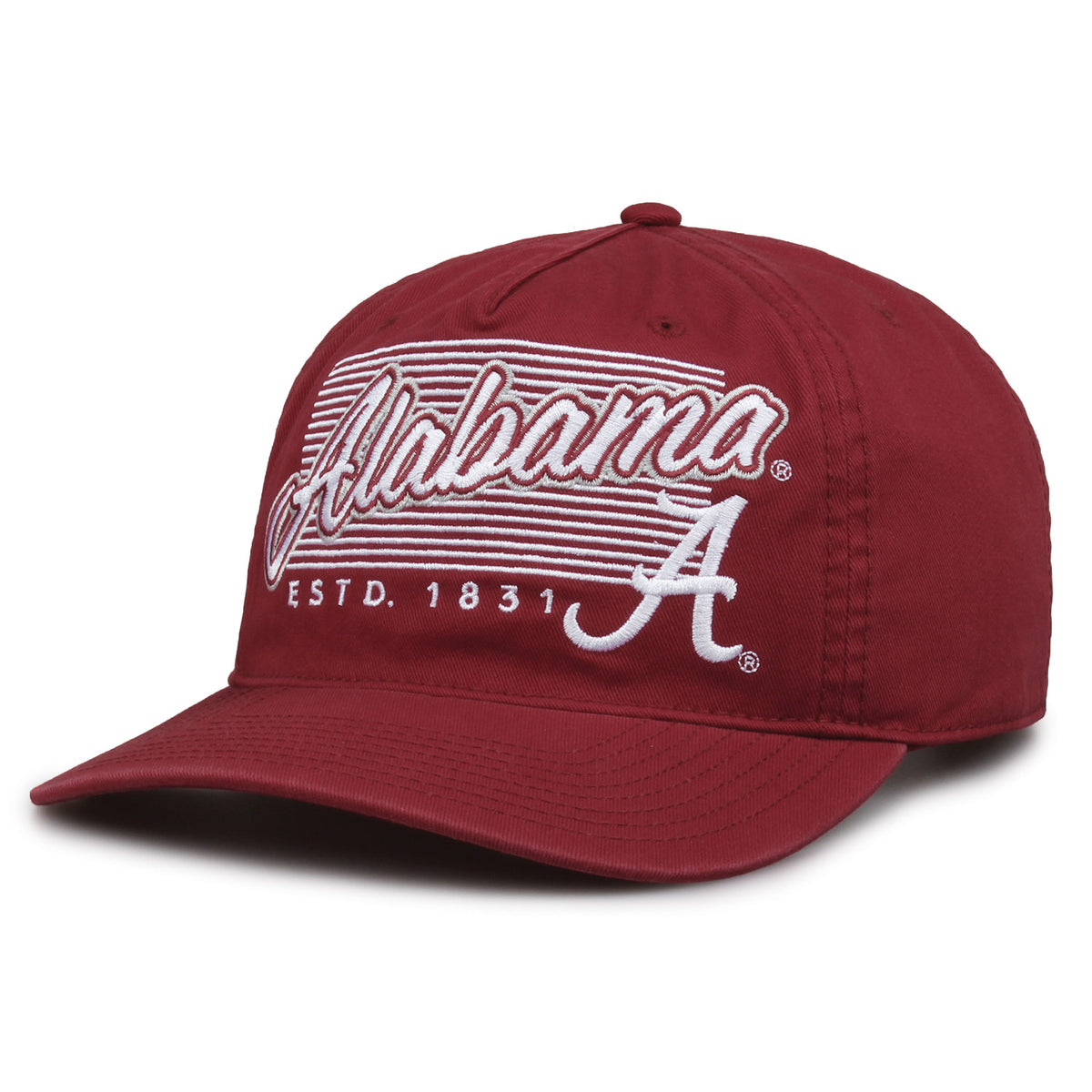 Alabama Crimson Tide Original Heritage Script Snapback in cardinal, angled front view showing matching crown and brim