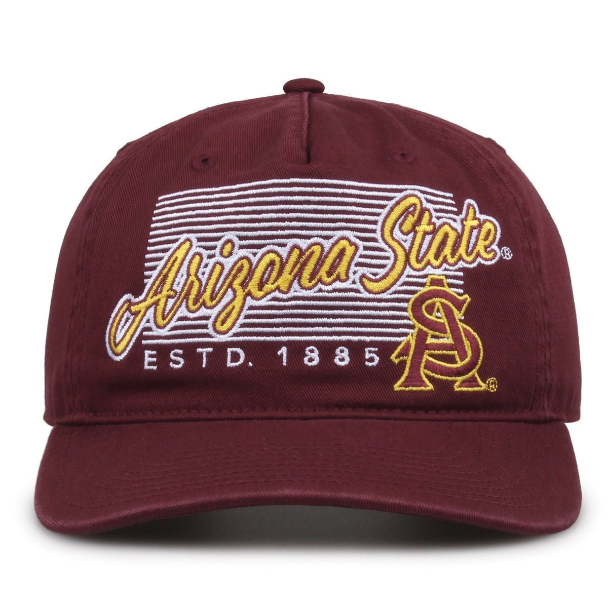 Arizona State Sun Devils Original Heritage Script Snapback in maroon, front view showing embroidered school script