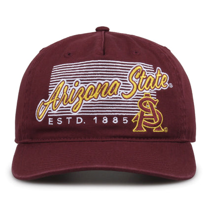 Arizona State Sun Devils Original Heritage Script Snapback in maroon, front view showing embroidered school script