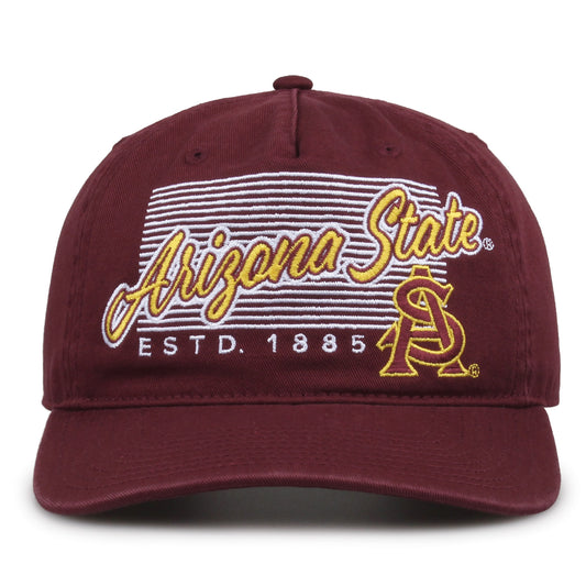 Arizona State Sun Devils Original Heritage Script Snapback in maroon, front view showing embroidered school script
