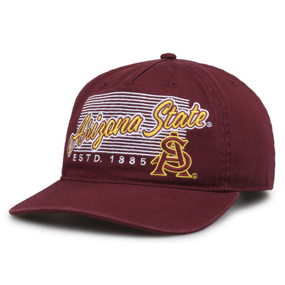 Arizona State Sun Devils Original Heritage Script Snapback in maroon, angled front view showing matching crown and brim