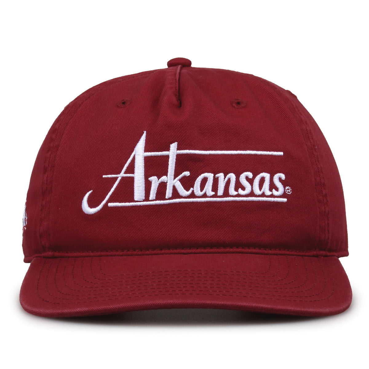 Arkansas Razorbacks Original Heritage Bar Snapback in cardinal, front view of embroidered school script and bar design