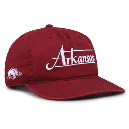 Arkansas Razorbacks Original Heritage Bar Snapback in cardinal, angled view showing matching crown and brim