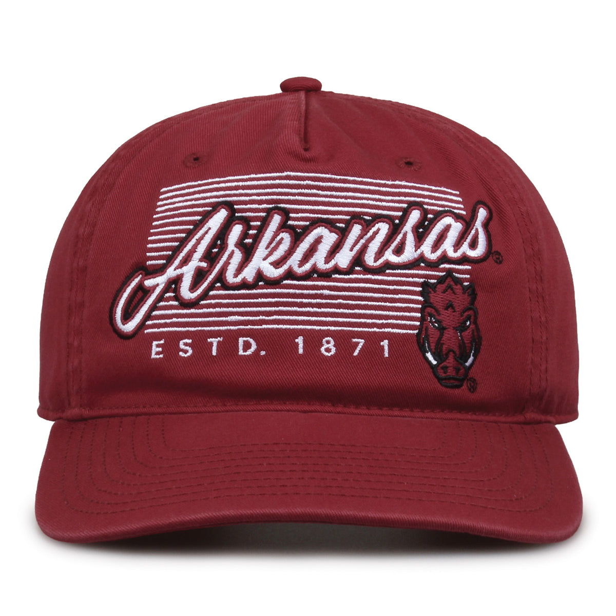 Arkansas Razorbacks Original Heritage Script Snapback in cardinal, front view showing embroidered school script