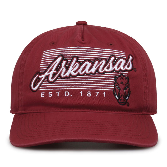 Arkansas Razorbacks Original Heritage Script Snapback in cardinal, front view showing embroidered school script