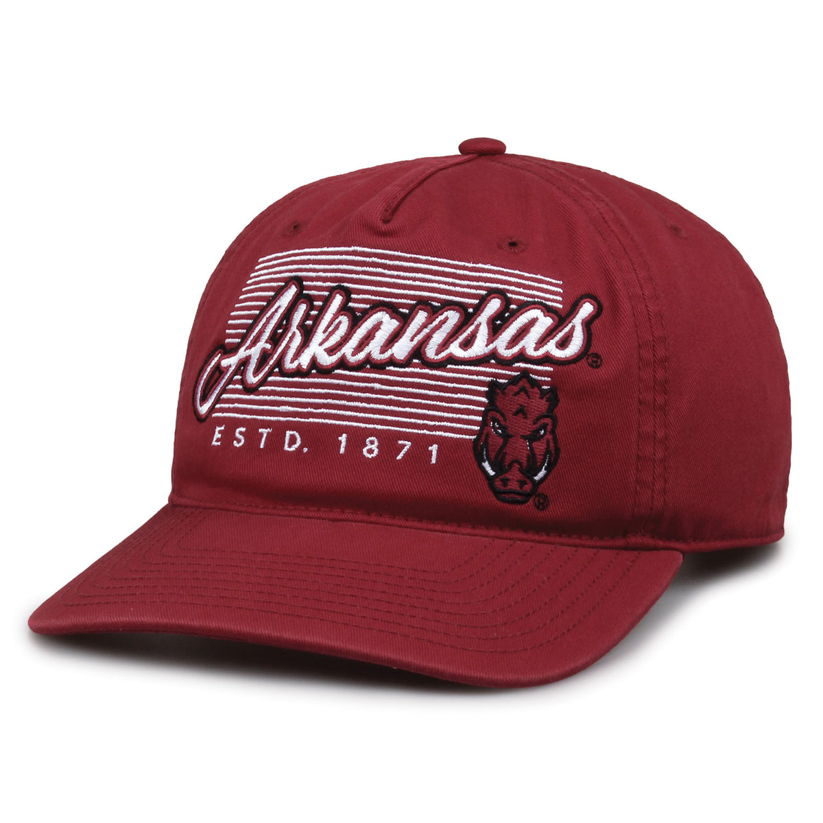 Arkansas Razorbacks Original Heritage Script Snapback in cardinal, angled front view showing matching crown and brim