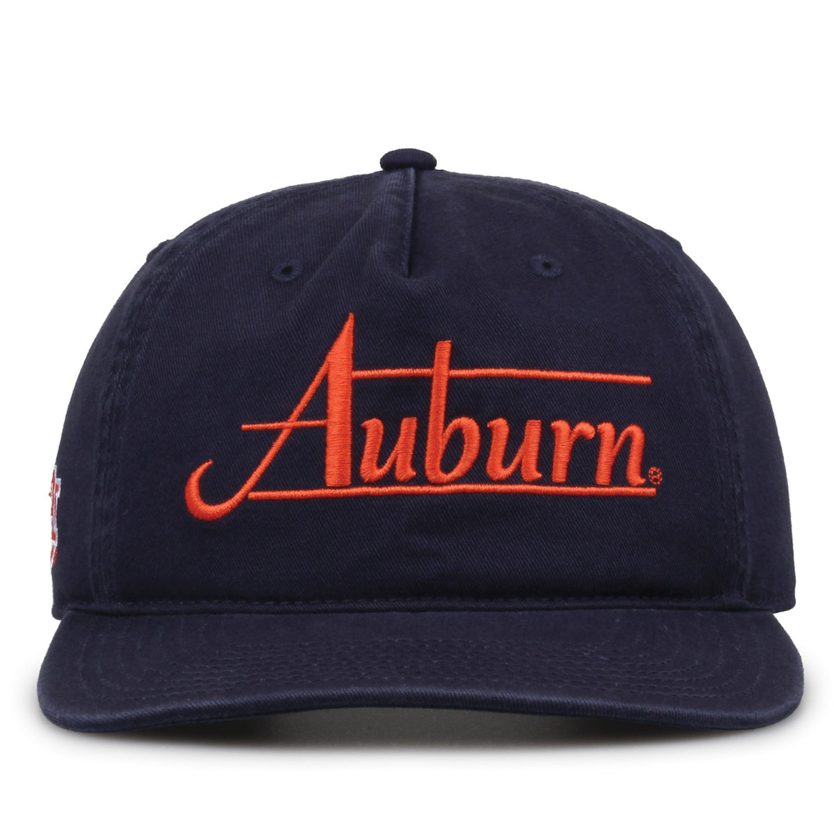 Auburn Tigers Original Heritage Bar Snapback in navy, front view of embroidered school script and bar design