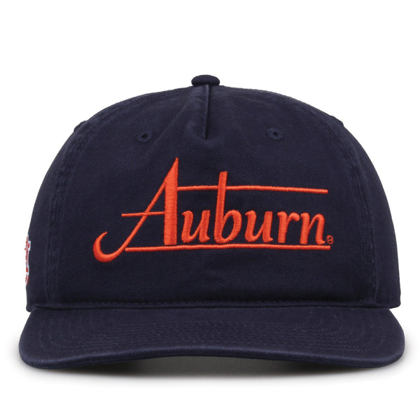 Auburn Tigers Original Heritage Bar Snapback in navy, front view of embroidered school script and bar design
