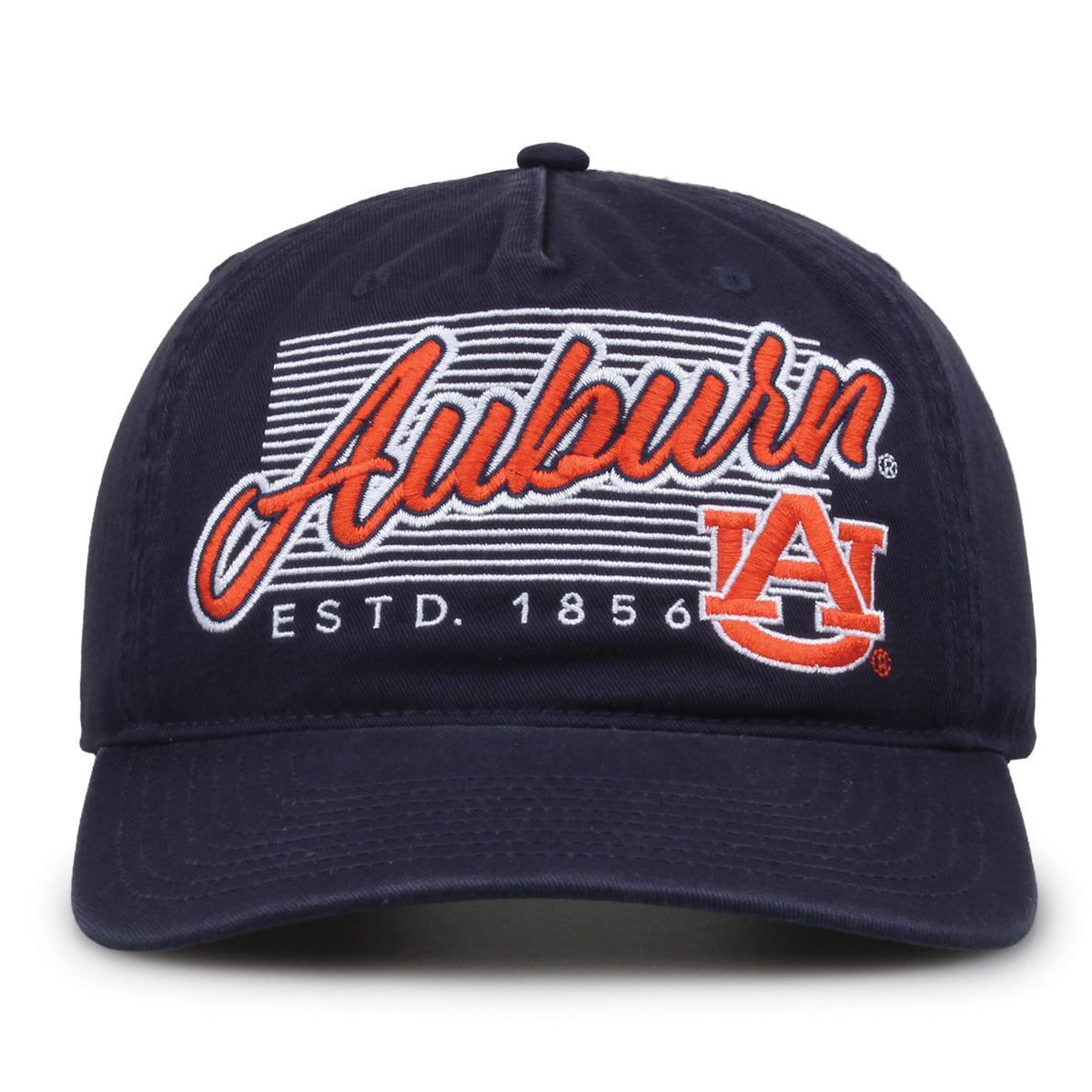 Auburn Tigers Original Heritage Script Snapback in navy, front view showing embroidered school script