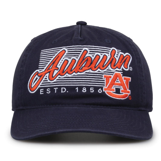 Auburn Tigers Original Heritage Script Snapback in navy, front view showing embroidered school script