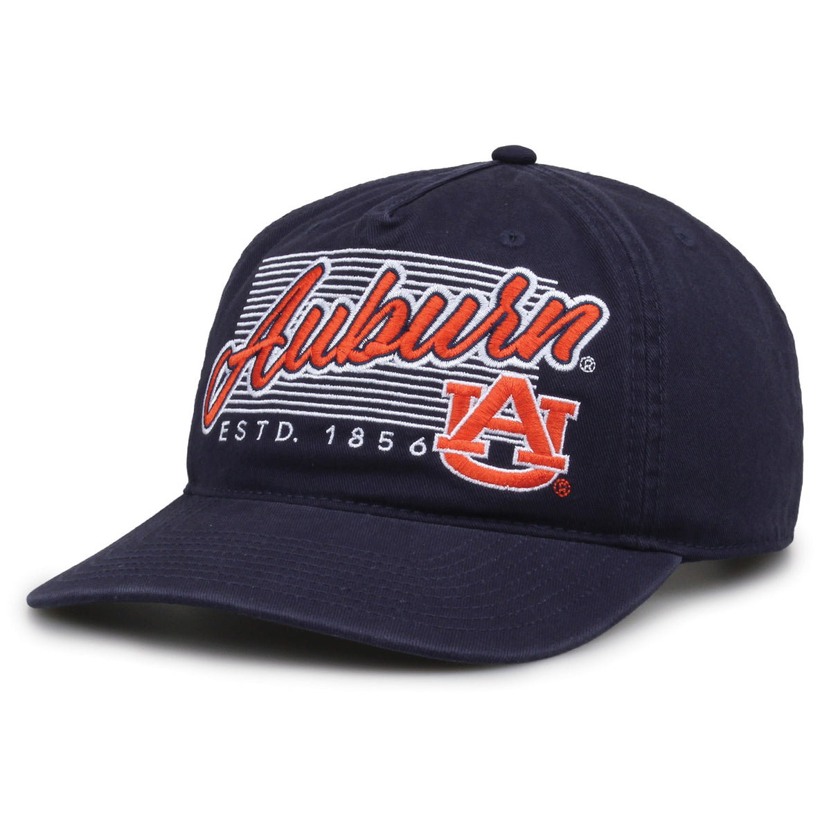 Auburn Tigers Original Heritage Script Snapback in navy, angled front view showing matching crown and brim