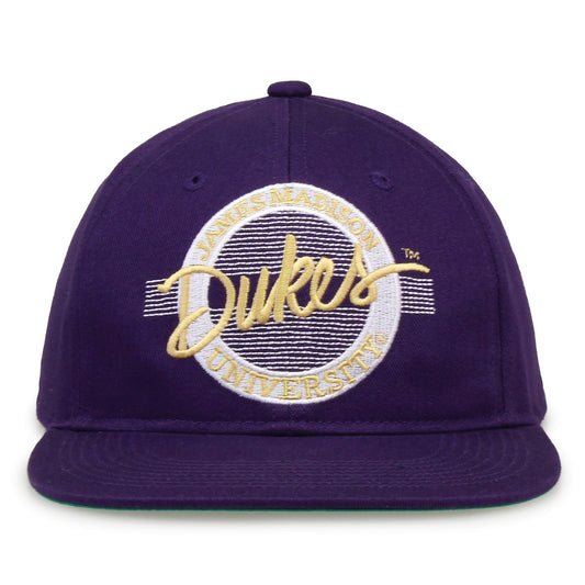 James Madison Dukes Retro Circle Snapback - Purple, front view