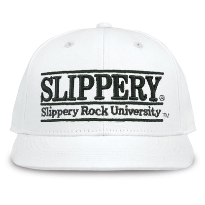 Slippery Rock Retro Bar snapback hat in white, front view
