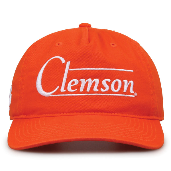 Clemson Tigers Original Heritage Bar Snapback in orange, front view of embroidered school script and bar design