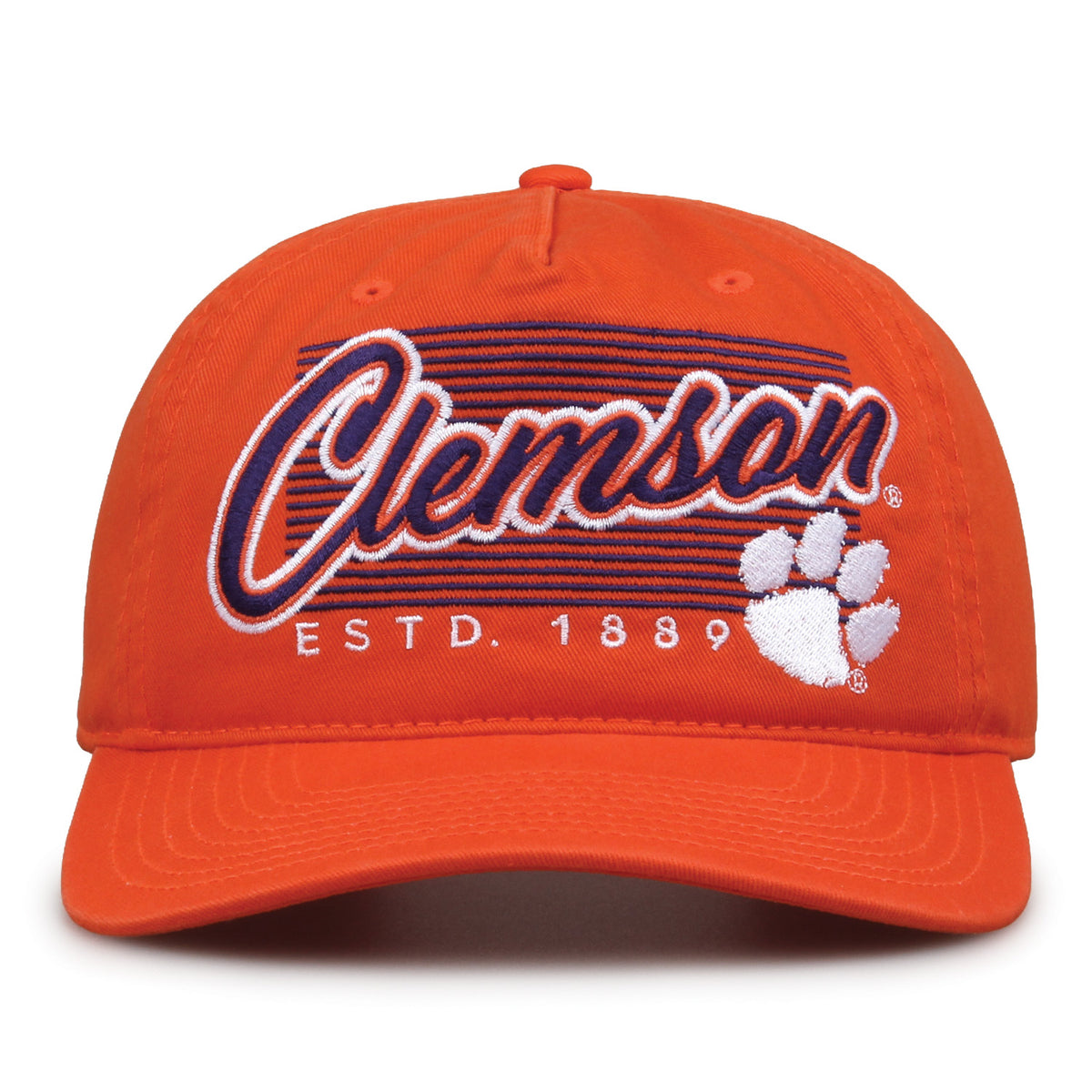 Clemson Tigers Original Heritage Script Snapback in orange, front view showing embroidered school script