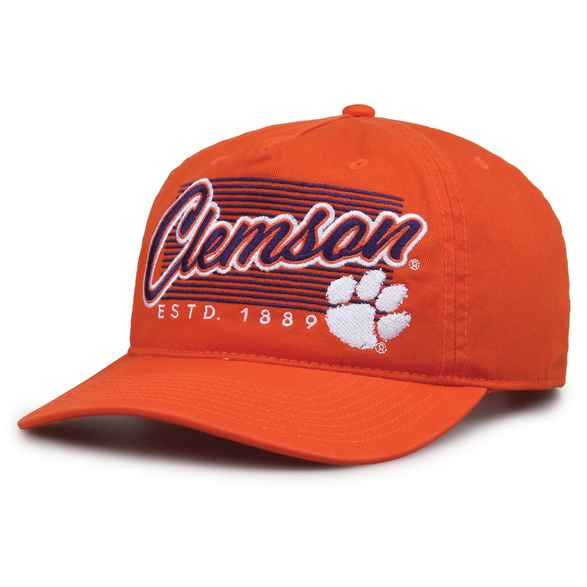 Clemson Tigers Original Heritage Script Snapback in orange, angled front view showing matching crown and brim