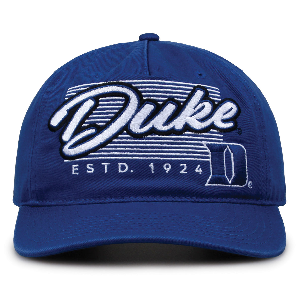 Duke Blue Devils Original Heritage Script Snapback in royal blue, front view showing embroidered school script