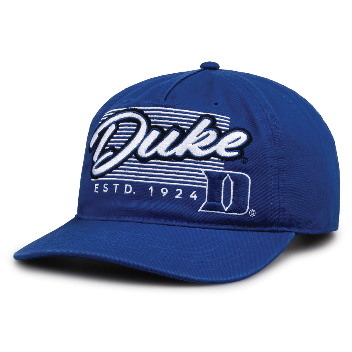 Duke Blue Devils Original Heritage Script Snapback in royal blue, angled front view showing matching crown and brim