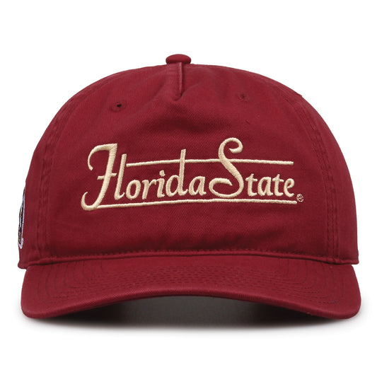 Florida State Seminoles Original Heritage Bar Snapback in cardinal, front view of embroidered school script and bar design