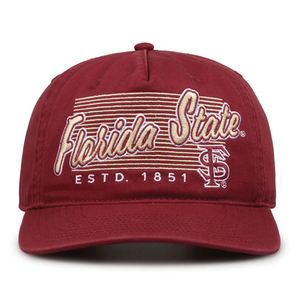 Florida State Seminoles Original Heritage Script Snapback in cardinal, front view showing embroidered school script