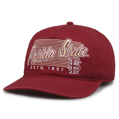 Florida State Seminoles Original Heritage Script Snapback in cardinal, angled front view showing matching crown and brim