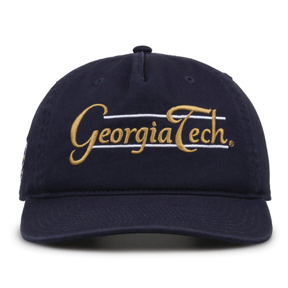 Georgia Tech Yellow Jackets Original Heritage Bar Snapback in navy, front view of embroidered school script and bar design